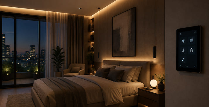 Dormitorio de lujo con iluminación cálida nocturna y panel de control domótico en la pared