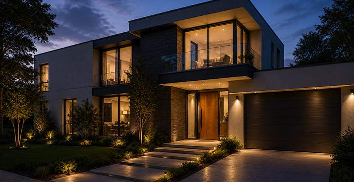 Fachada de vivienda inteligente con ventanales iluminados e iluminación exterior nocturna