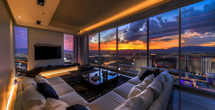 Sala de estar de un penthouse con vista panorámica de la ciudad al atardecer