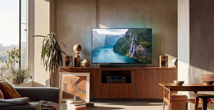 Sala moderna con smart TV encendida y mueble de madera bajo luz natural