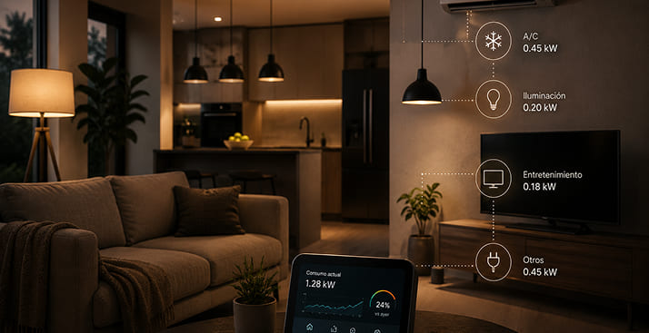 Sala de estar con panel de monitoreo de consumo energético por zonas en tiempo real