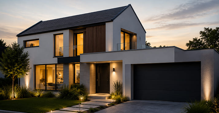 Fachada moderna de vivienda con iluminación arquitectónica al atardecer