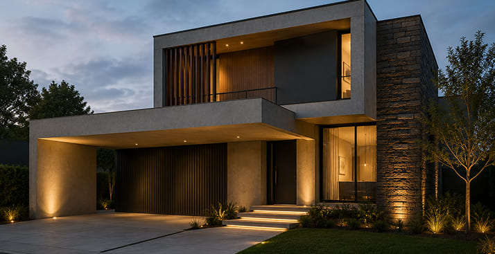 Fachada de vivienda contemporánea con iluminación arquitectónica y acabados en piedra