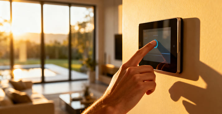 Mano activando un panel de control domótico junto a una piscina al atardecer