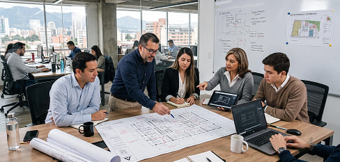 Equipo de ingenieros revisando planos de instalación domótica - Grupo Versor