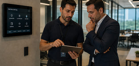 Especialistas configurando un panel inteligente en oficinas - Grupo Versor