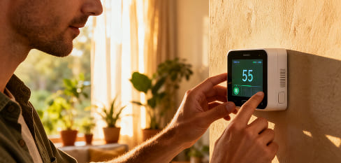 Hombre ajustando un termostato inteligente en la pared - Grupo Versor