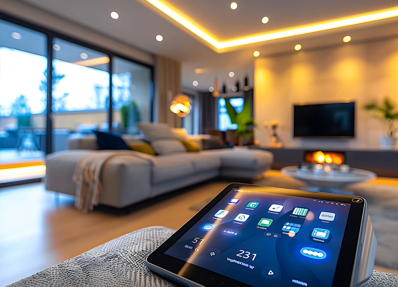 Pantalla de control domótico en un salón moderno - Grupo Versor