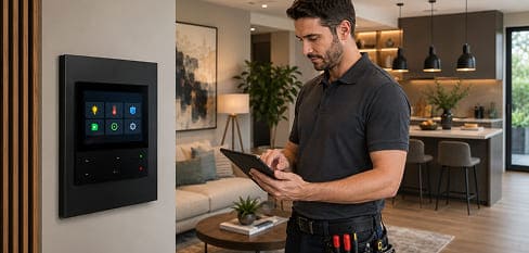 Persona utilizando una tablet para controlar dispositivos inteligentes