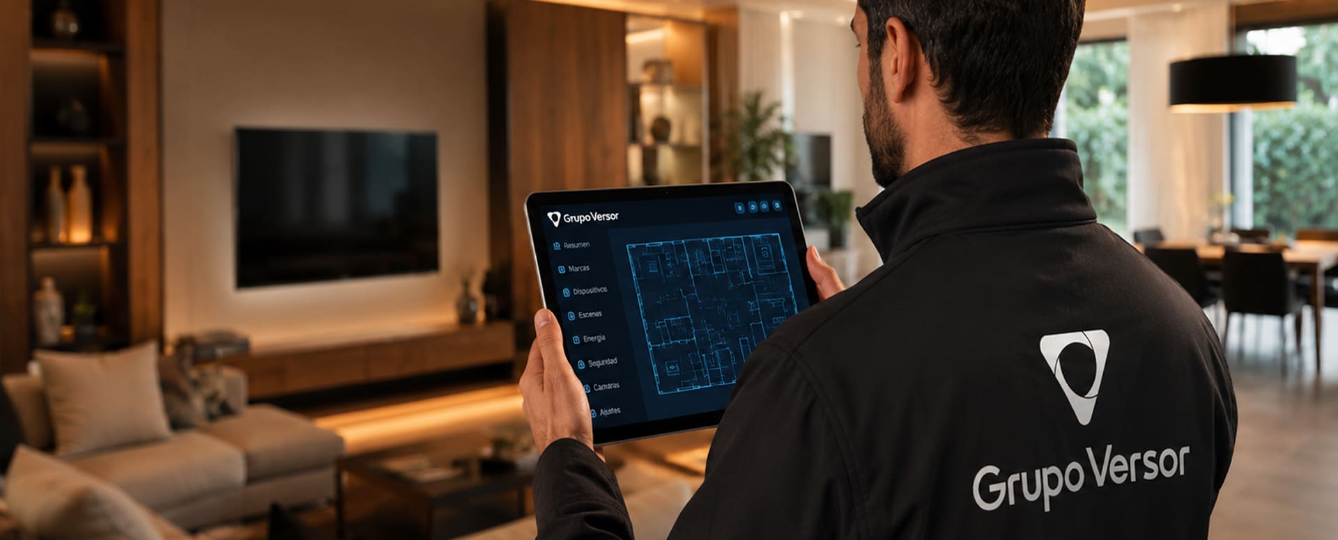 Técnico configurando domótica con el plano de la casa en una tableta - Grupo Versor