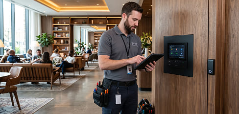 Técnico instalando una pantalla táctil de control de acceso - Grupo Versor