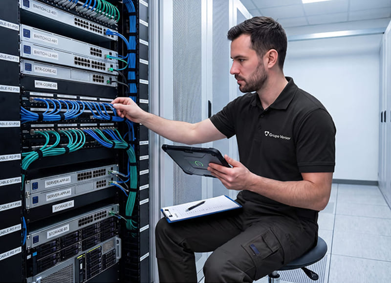 Técnico realizando mantenimiento de servidores en rack con una tableta - Grupo Versor